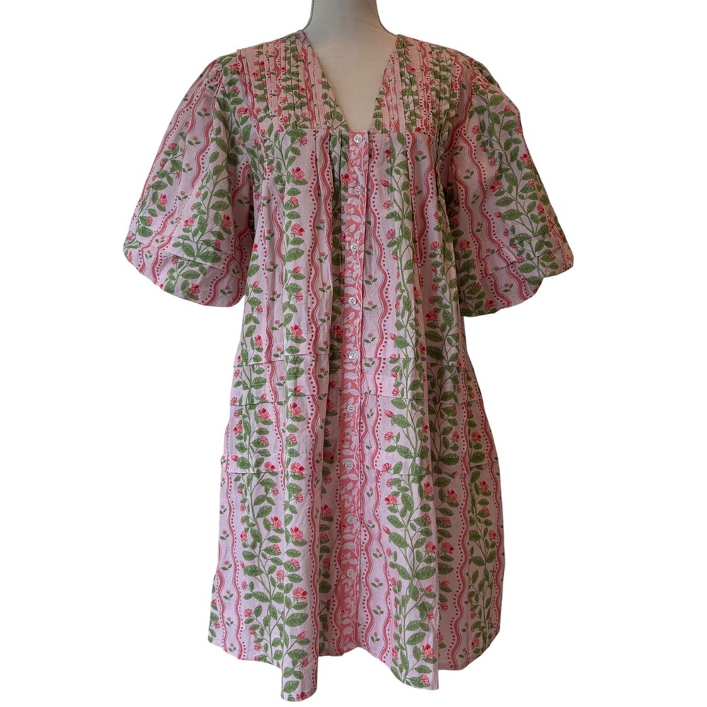 Marigold by Victoria Dunn Pink Floral Block Print Cotton Puff Sleeve Dress XL